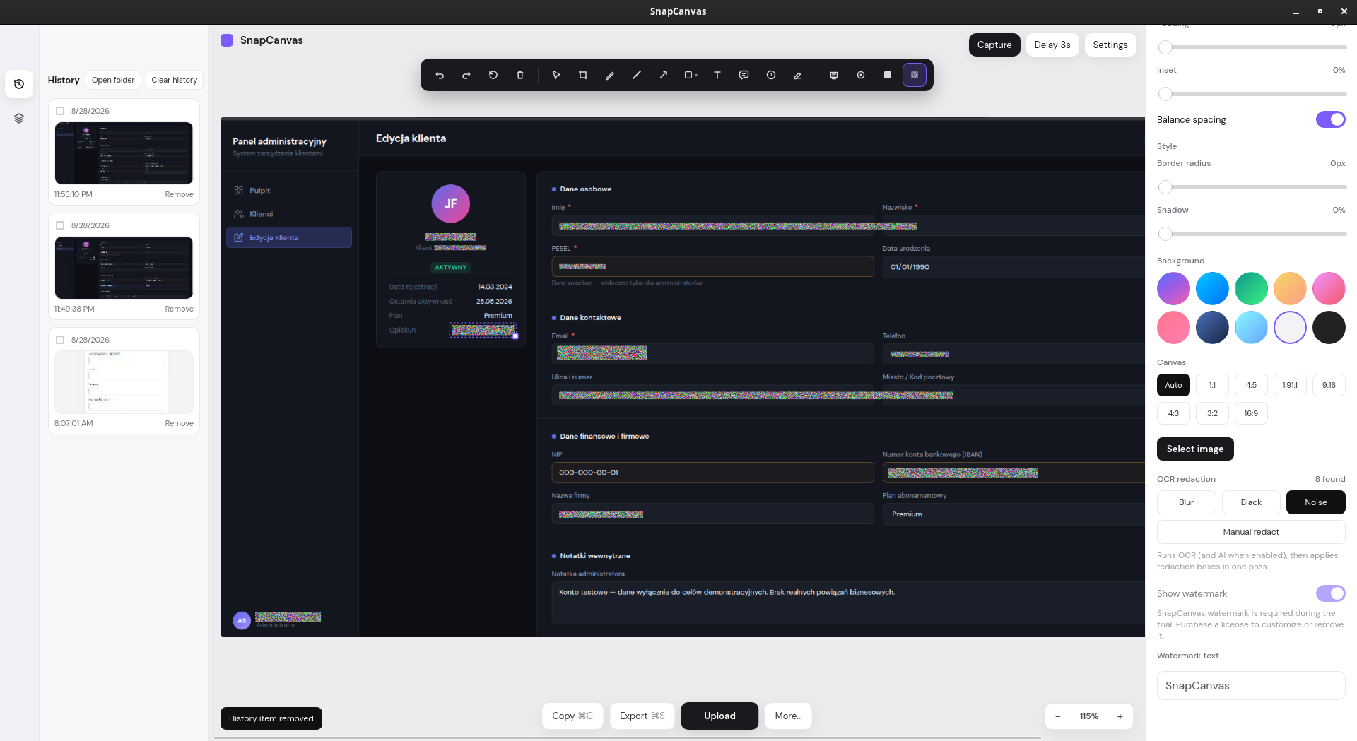 Screenshot capture history and editing tools