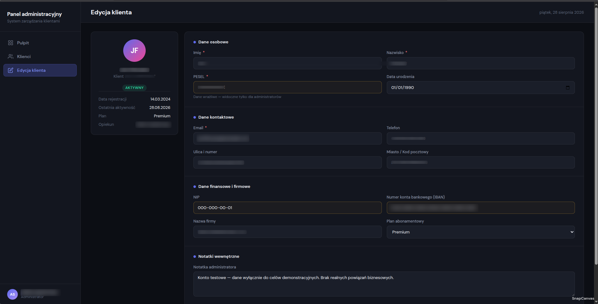 Client panel after sensitive data is blurred