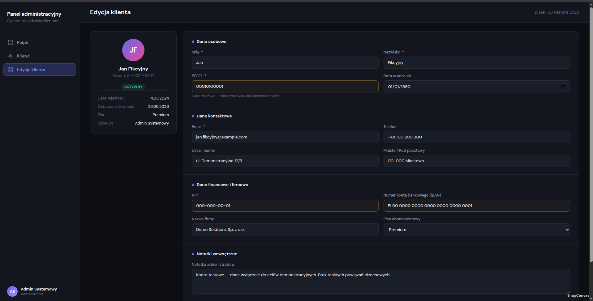 Client panel with sensitive data visible