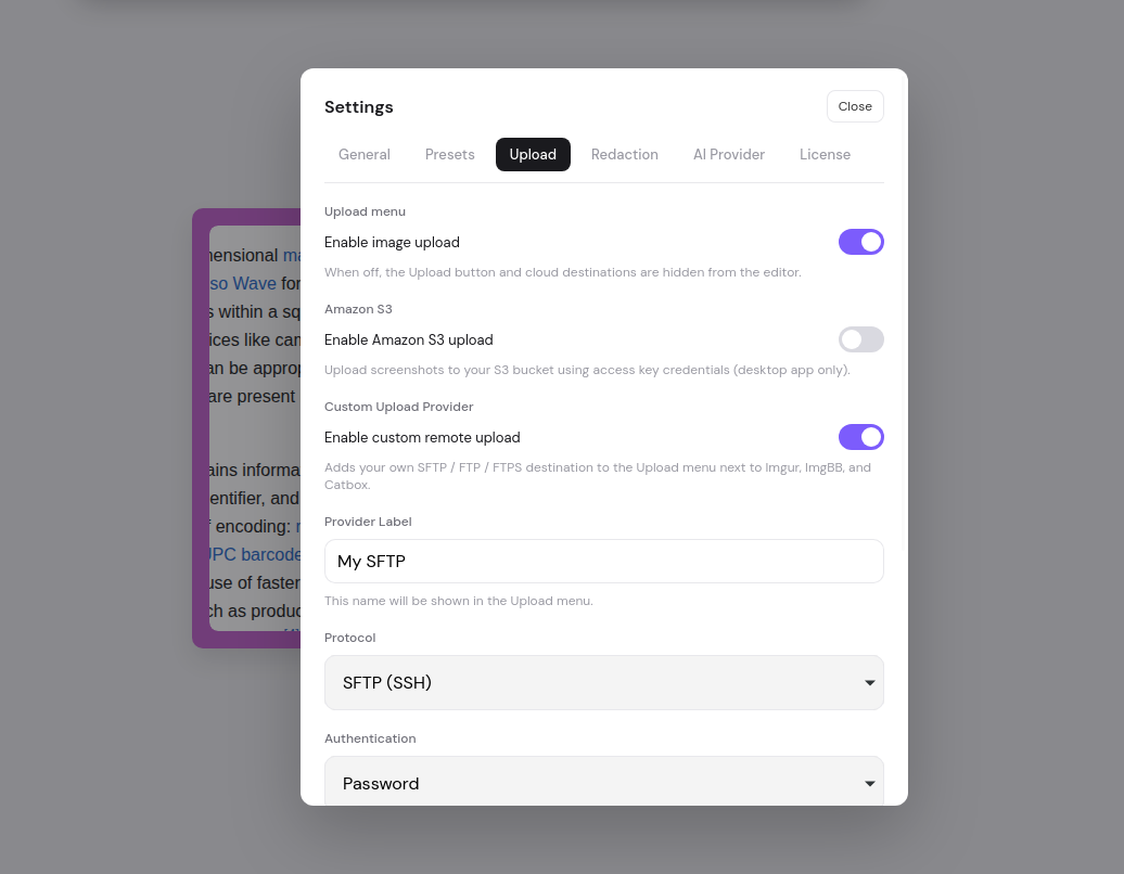 Upload settings including SFTP and Amazon S3